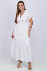 Vestido Midi em Laise Manga Bufante Grazi Massafera Branco