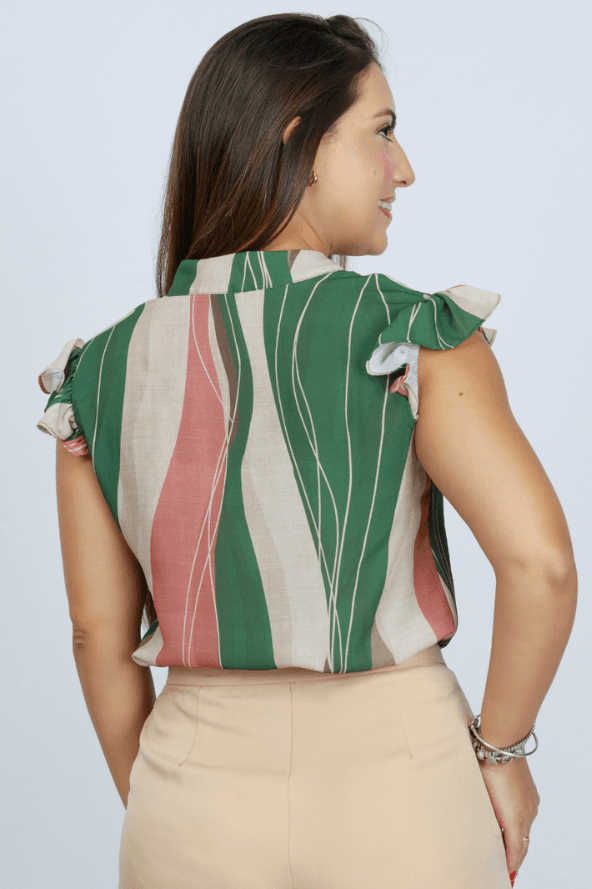 Blusa Decote "V" Babados Manga Taina Estampada Verde