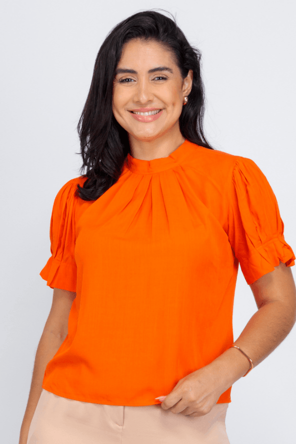 Blusa Manga Curta Plissada Viscose Juliana Laranja