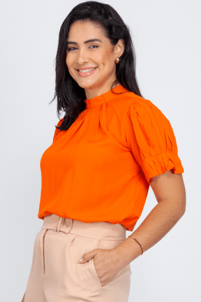 Blusa Manga Curta Plissada Viscose Juliana Laranja