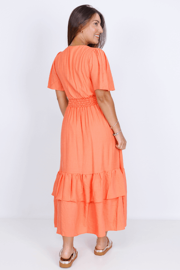 Vestido Lastex Decote "V" Liso Francine Laranja