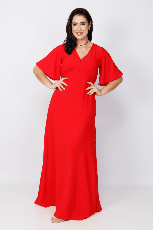 Vestido Longo Duna Decote "V" Melina Vermelho